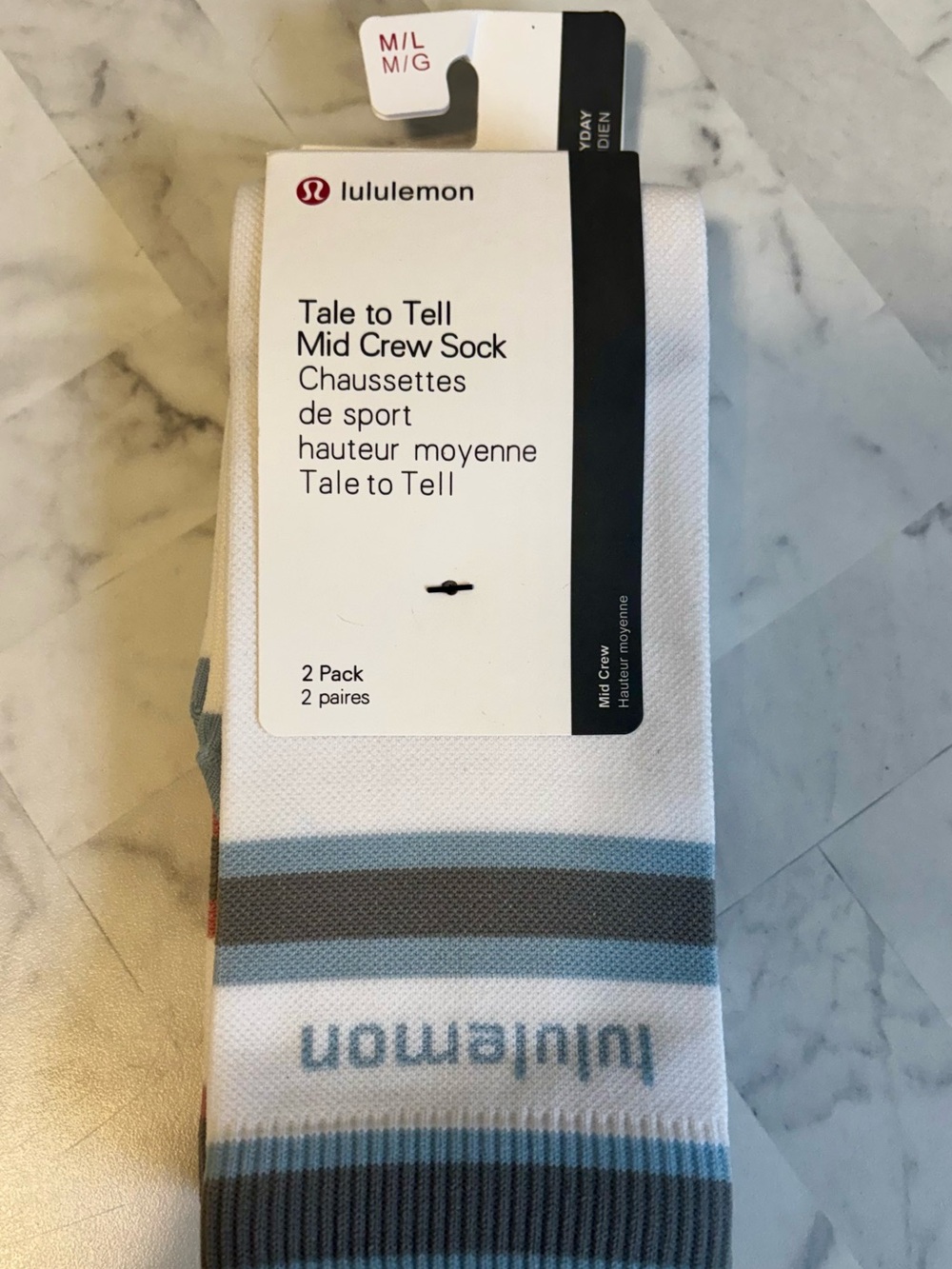 lululemon athletica Tale to Tell Mid Crew Socks - White with Gray & Blue Stripes